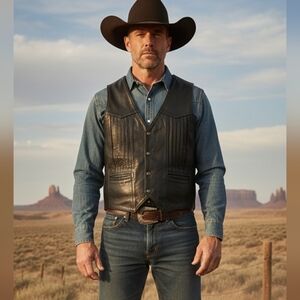 {J&A Leathers} Men's Western Black Leather Vest  - Size XL